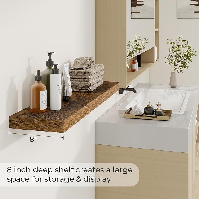 Dreamland 36Inch Floating Shelves for Wall 8" Deep Rustic Brown Set of 2 | Wall shelves for bathroom, bedroom, kitchen, deep wall mount wood storage display for home decor 36" x 8"