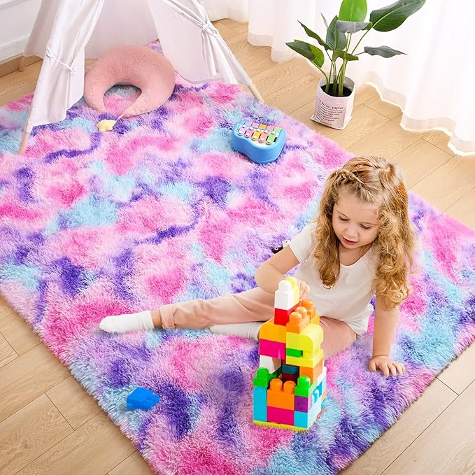 AROGAN Soft Rainbow Area Rugs for Girls Room 4x6 Feet, Fluffy Bedroom Rugs, Princess Rug, Cute Colorful Carpet for Kids Teens Nursery Toddler, Hot Pink