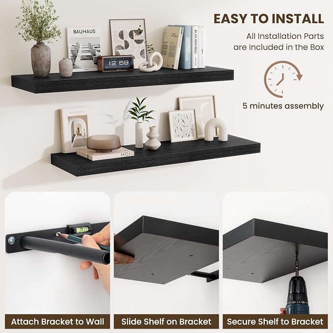 Fun Memories Floating Shelves Set of 3, 40 Inch Long Wooden Wall Shelves, 10 Inch Deep Wall Mounted Storage Shelf with Metal Brackets for Living Room, Bathroom, Bedroom and Kitchen, Black
