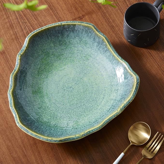 Large Ceramic Decorative Bowl, 12" Dish, Green Reactive Glaze | Centerpiece Bowl, Modern Coffee Table Decor, Entryway Catchall Key Bowl, Decorative Fruit Bowl for Dining Table Living Room