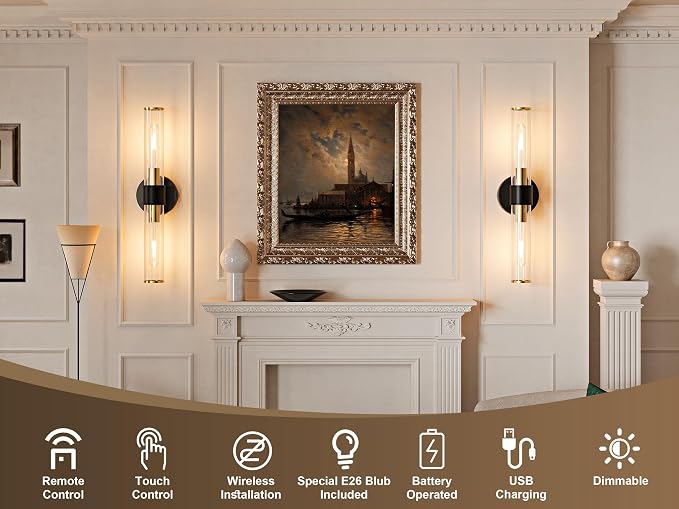 Morauroral Battery Operated Wall Sconce, 20 Inch Rechargeable Wall Lights with Remote, Black Gold Modern Wireless Wall Lamp for Bedroom, Living Room with White Shade (Bulbs Included)