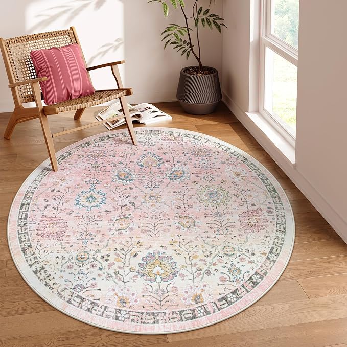 Lahome Girls Bedroom Pink Round Rug 6ft, Soft Washable Floral Circle Rug with Non Slip Backing, Light Pink Area Rug for Kids Room, Nursery, Reading Corner and Playroom