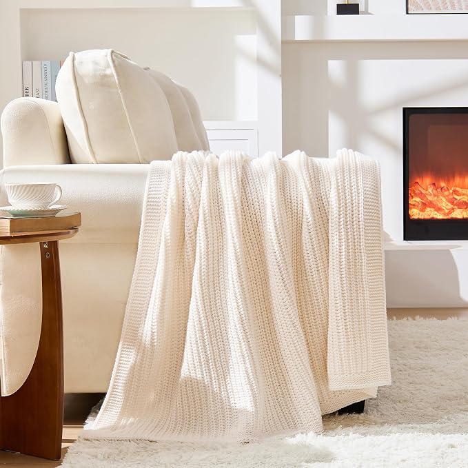 Cream White Chunky Knit Throw Blanket 60"x80" - Soft Cozy Thick Knitted Blanket for Couch Sofa Bed, Cute Christmas Decorative Throw for Living Room