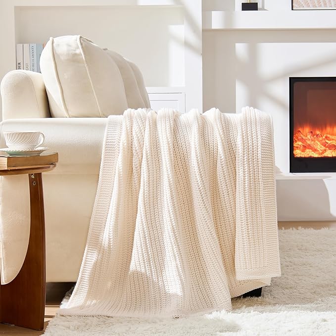 Cream White Chunky Knit Throw Blanket 50"x60" - Soft Cozy Thick Knitted Blanket for Couch Sofa Bed, Cute Christmas Decorative Throw for Living Room