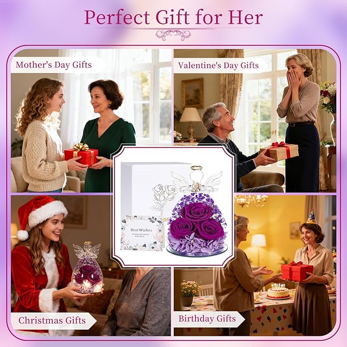 Gifts for Women Mom Preserved Rose Forever Flower Eternal Roses in Glass Angel Figurines Fresh Flowers for Delivery Prime Mothers Day Birthday Gift for Her Wife Grandma on Valentines Day Anniversary