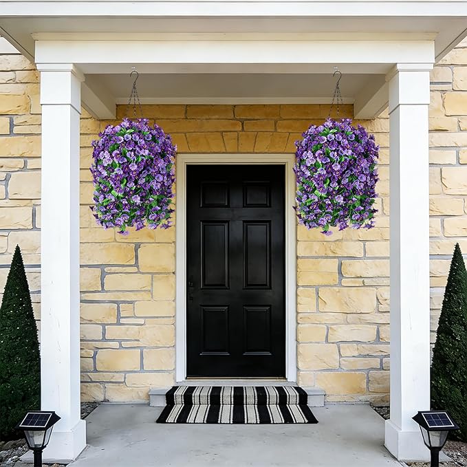 INXUGAO Artificial Flowers with Hanging Basket, Outdoor Faux Plants Silk Morning Glory Vines, Fake Green Arrangement for Garden Patio Spring Summer Decor(4 pcs,Purple)
