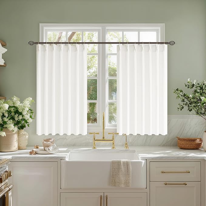 Cream Semi Sheer Linen Pinch Pleated Curtains 36 Inch Long | Ivory Beige Natural Neutral, Extra Short 36 inch, Light-Filtering Privacy, Bay Window, Faux Linen, Hook Rings Memory Shape