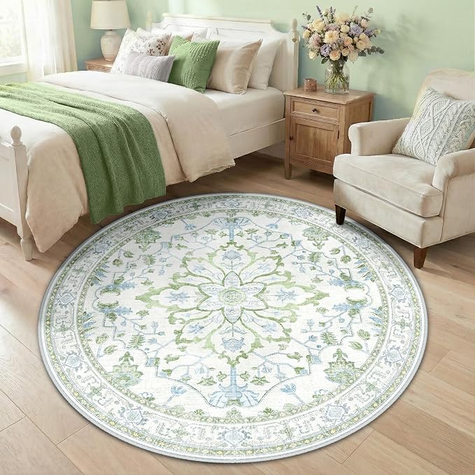 RELEANY Area Rugs Round 5ft Washable Non-Slip, Floral Vintage Distress Print Pattern Medallion Carpet for Living Room Bedroom Dining Room, Green White Blue