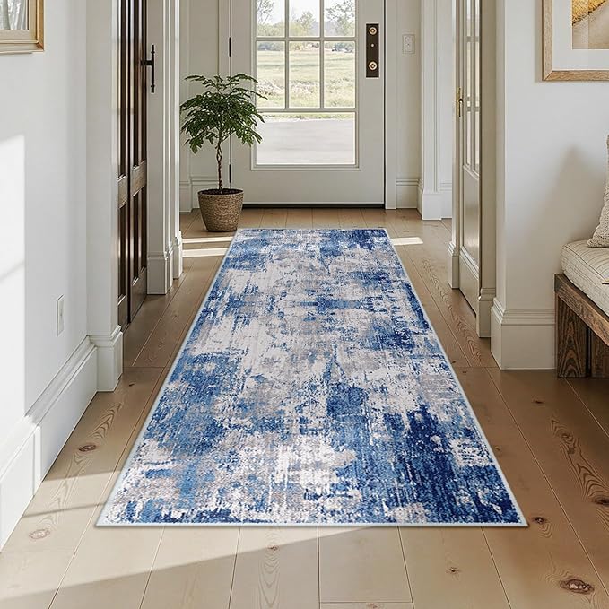 RELEANY Washable Area Rugs 3x7 Non-Slip Modern Abstract Soft for Living Room Entryway Bedroom Nursery, Print Pattern, Blue Grey Navy Gray