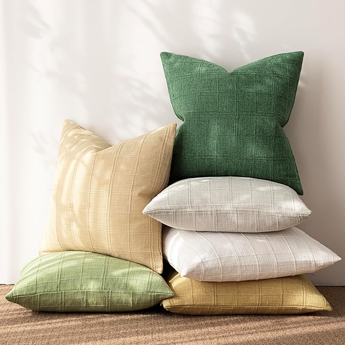 Foindtower Set of 2 Decorative Linen Check Throw Pillow Covers Neutral Farmhouse Vintage Cushion Covers Modern Boho Accent Home Decor for Sofa Chair Couch Bedroom Living Room,20×20 Inch,Forest Green