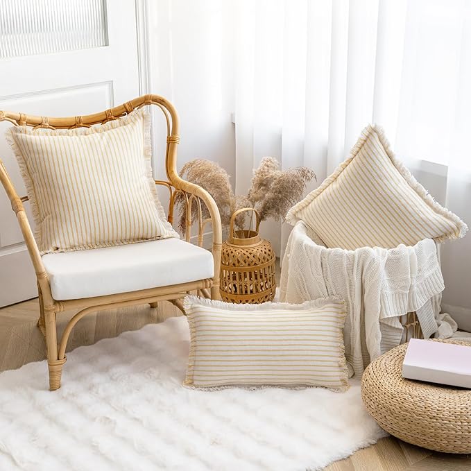 YEENAASY Throw Pillow Covers 18x18 Set of 2 Striped Fringe Pillow Cover Farmhouse Cushion Covers with Tassel Neutral Boho Pillows Decorative Square Pillowcase for Couch Sofa Bed, Yellow