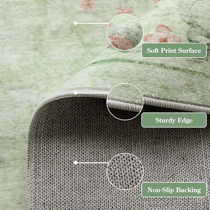 Wonnitar Green Area Rug for Living Room, Floral Bow 8x10 Washable Rug, Ultra-Thin Non Shedding Soft Boho Carpet for Bedroom Dining Room Playroom Dorm, Light Green