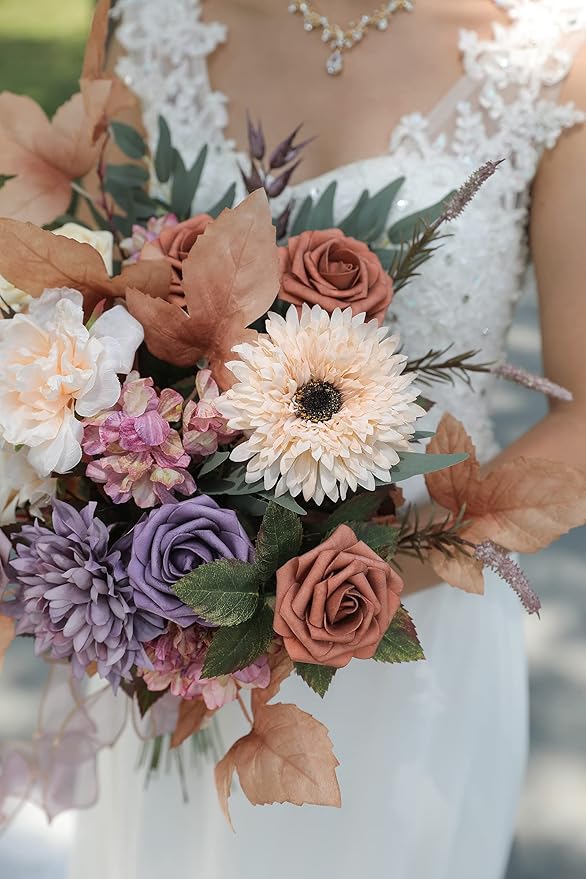 rongflower Artificial Flowers Combo Set Fake Flower Leaf Box with Stems for DIY Wedding Bouquets Centerpieces Flower Arrangements Decorations Baby Shower Party Home Decorations Champagne Purple
