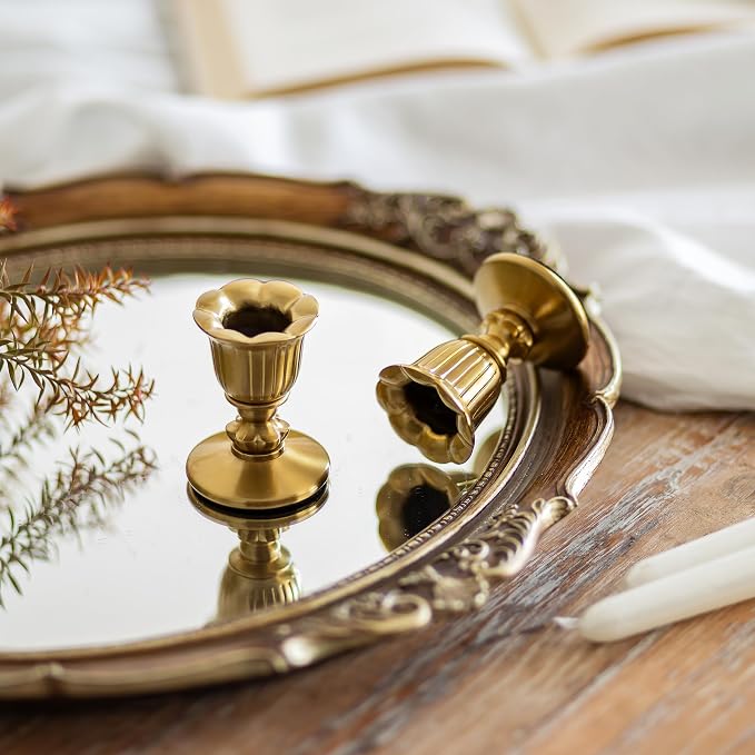Vintage Candlestick Candle Holders Brass - Romadedi Taper Gold Candle Stick Victorian Style for Table Centerpiece Wedding Reception Festive Christmas Mantel Decoration or Home Decor Set of 12