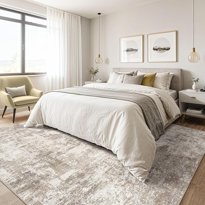 Large Area Rugs 12x15: Washable Abstract Modern Soft Rug Stain Resistant Indoor Floor Non Slip Accent Carpet for Living Room Bedroom Nursery Playroom Dining Room Office Dorm Home House- Beige Brown