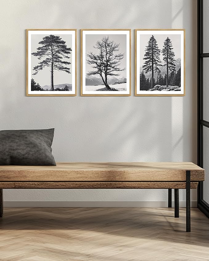 PHOPAGO Vintage Antique Tree Framed Wall Art Black and White Retro Forest Wall Decor Nature Wilderness Sketch Paints Modern Decor - 12x16in Natural Framed