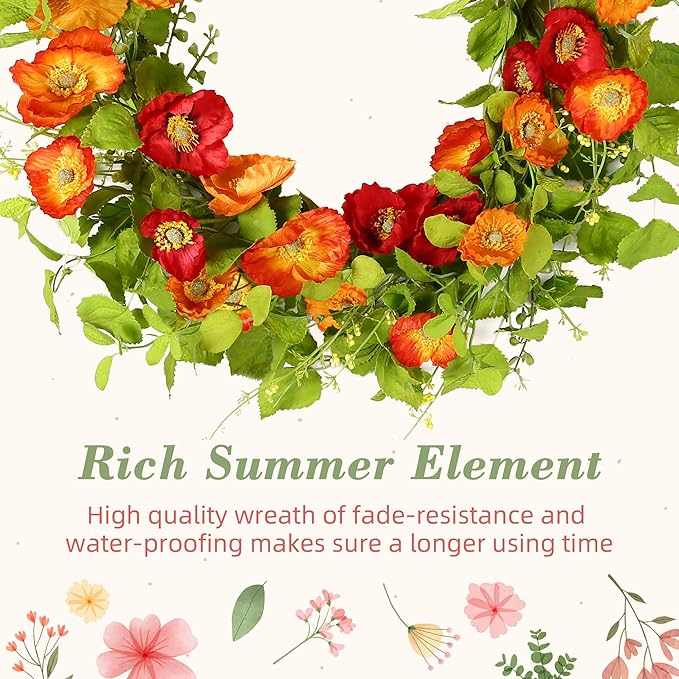 YNYLCHMX 18" Spring Summer Wreaths for Front Door, Artificial Floral Wreath with Poppy Flowers Green Tea Leaves, Green Foliage Wreath for Wall Window Farmhouse Party Holiday Home Decor