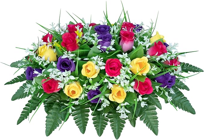 LVXINLI Artificial Cemetery Flowers Saddle-Shaped Tombstone Decorations Non-Fading UV-Resistant（Yellow+Purple+Brilliant Red Saddle）