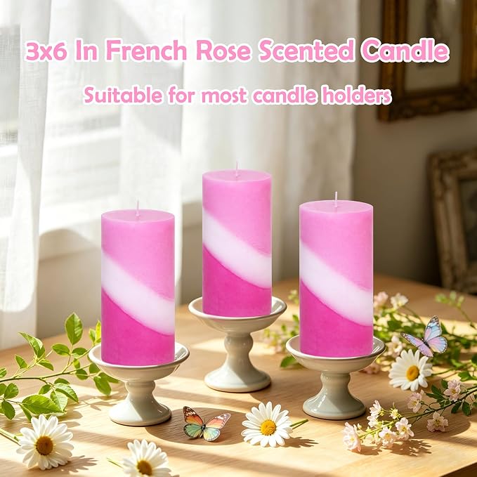 French Rose Scented Pillar Candles, 100% Cotton Core Handmade Striped Paraffin Wax Candles Decorative for Home Wedding Dating, 70H+ Burn Time|1PC, 3x6 Inch Set of 3