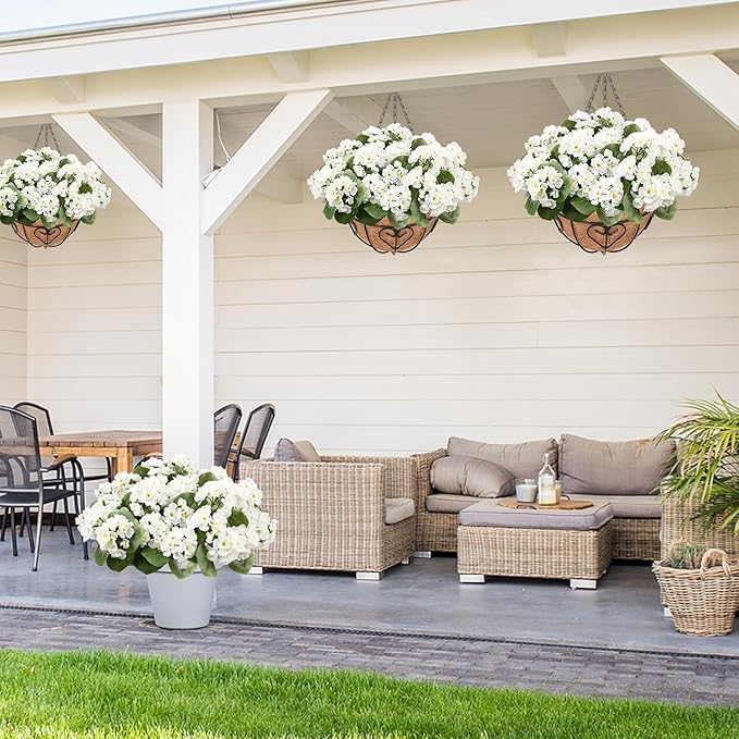 Waipfaru 2 Set Artificial Geraniums for Outdoors with Hanging Baskets, 12 Bundles UV Resistant Artificial Outdoor Plants, Fake White Flowers for Spring Front Porch Home Patio Balcony Yard Decor