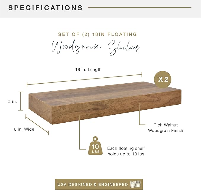 MCS Floating Shelf, Room Decor Wooden Shelf, Walnut Woodgrain, 18 x 8 Inch, Set of 2