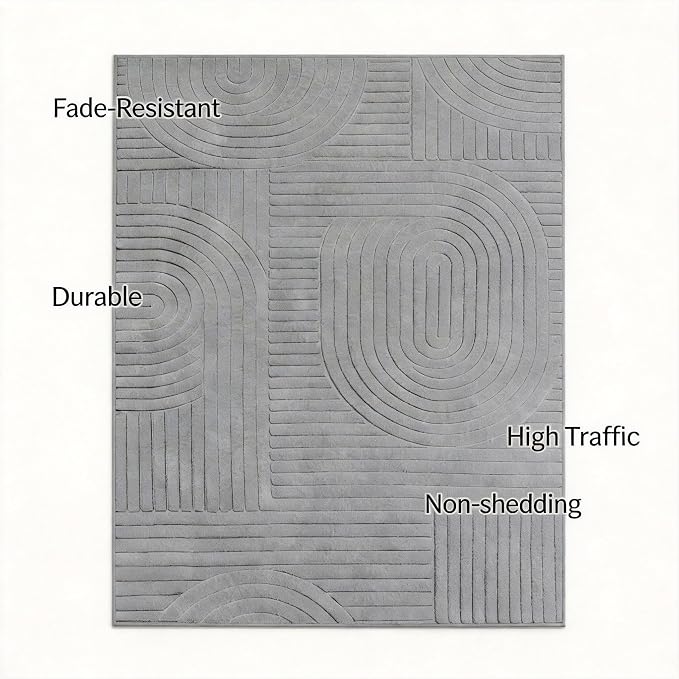 Grey Solid Area Rug 8x10 – Large Washable Soft Indoor Rugs for Living Room Bedroom, Modern Geometric Bohemian Pattern High-Low Pile Textured Carpet for House Apartment, Home Office Decor