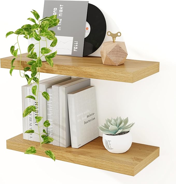 Oak Floating Shelves for Wall, 16 inch Floating Wall Shelves 9.3in Deep Wooden Shelving Book Shelves for Living Room Bathroom Bedroom Kitchen Storage & Organizer, 16 x 9.3 x 1.5 in, 2 Packs