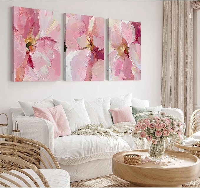 Abstract Floral Wall Art Pink Flower Canvas Pictures Modern Wall Decor Blush Pastel Pink Prints Peony Painting Minimalist Poster Botanical Artwork for Bedroom Living Room 16x24x3 Inch Ready to Hang