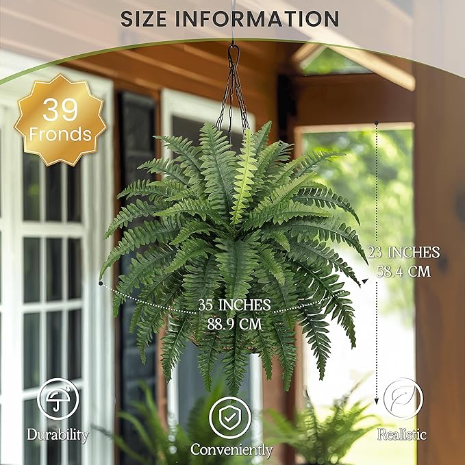 FOREST PRINCE 35" Ferns Artificial Bush Plants Large, 2 Artificial Boston Ferns with 39 Fronds for Outdoors Home Decor