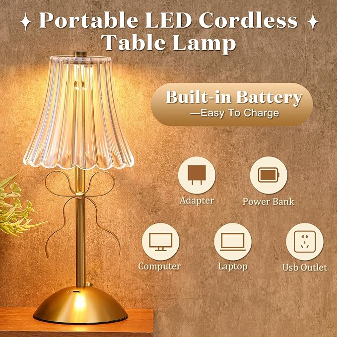 Liliful 2 Pcs Cordless Table Lamp Rechargeable Touch LED Small Gold Portable Battery Operated USB-c Desk Lamp 3 Color Dimmable for Bedroom Living Room Dining (Gold,Bow Rose Style)