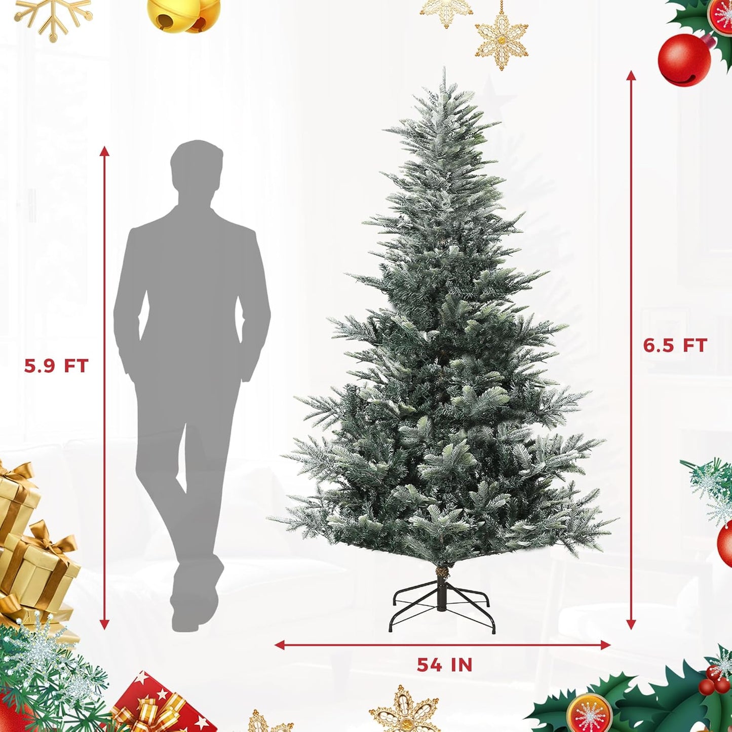 GarveeHome 6.5 FT Lighted Aspen Fir Christmas Tree,Flocked Green Artificial Christmas Tree with Warm White & Twinkle Lights for Indoor,Outdoor, Holiday Décor, Metal Hinges, Foldable Base