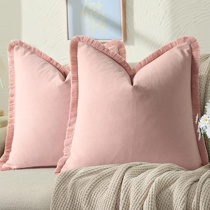 ZWJD Pillow Covers 18x18 Set of 2 Dusty Pink Throw Pillow Covers with Fringe Chic Cotton Decorative Pillows Square Cushion Covers for Sofa Couch Bed Living Room Farmhouse Boho Decor