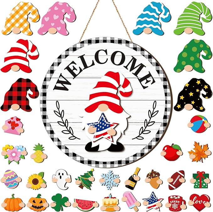 Qunclay Interchangeable Wooden Gnome Decor Holiday Seasonal Gnome Decorations with Magnet Pieces and Detachable Hats Changeable Welcome Sign for Home(Vivid Style)