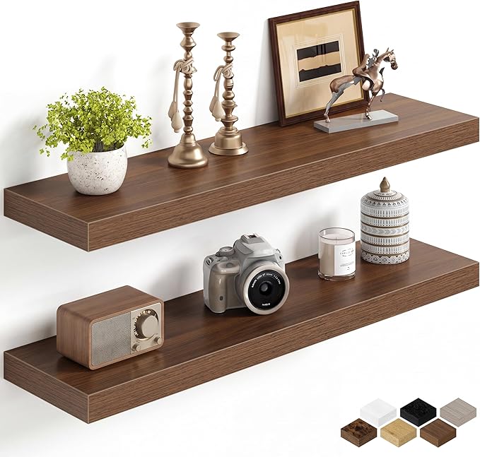 Fun Memories 32Inch Floating Shelves for Wall, 8 Inch Deep Shelves for Bathroom|Bedroom|Kitchen Wall Mounted, Wood Hanging Shelf with Invisible Brackets for Home Storage Decor, Walnut - 2 Pack