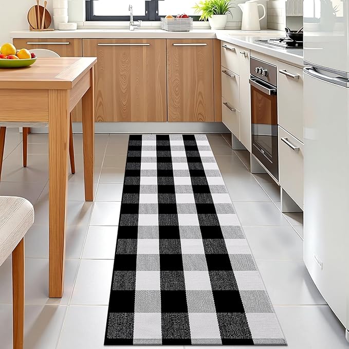 OLANLY Buffalo Plaid Rug 2' x 6' – Black and White Cotton Checkered Doormat, Washable Indoor Outdoor Rug for Layered Front Porch, Kitchen, Entryway Decor