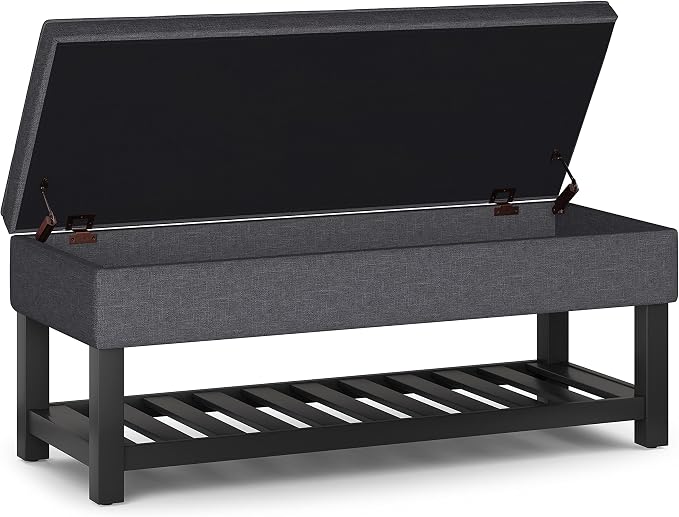 SIMPLIHOME Cosmopolitan Storage Ottoman Bench - 44 inch Wide Upholstered Linen Look Fabric Rectangle Storage Ottoman in Slate Grey, Transitional Bench for Bedroom with Tufted Lift-Top and Open Shelf