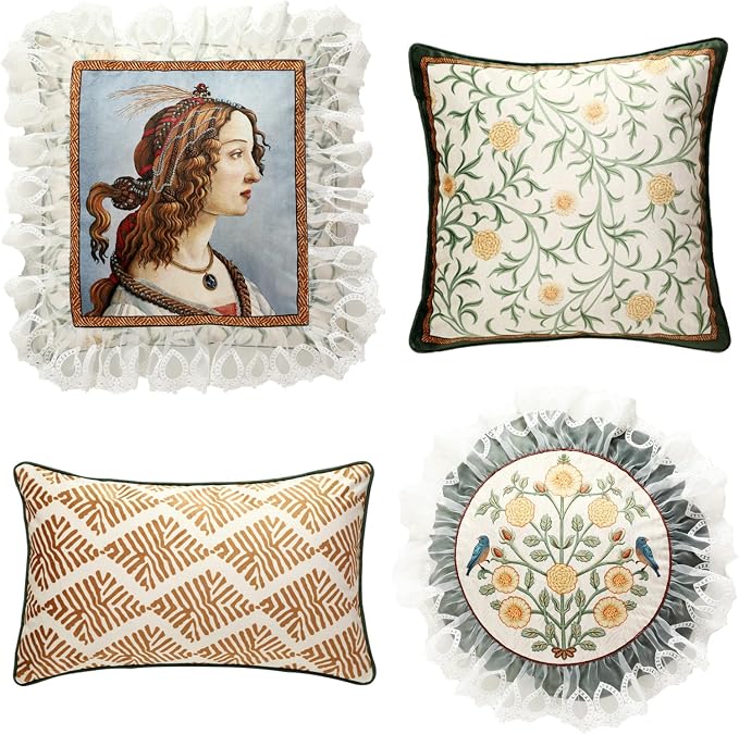 patdrea Designer Vintage Velvet Throw Pillow Cover,Set of 4,-Botticelli | Elegant Lumbar Ruffle Pillow Case with Zipper,Green Floral Pattern,Decor Cushion Coverfor Couch Living Room Bedroom Sofa