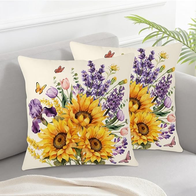 Sunflower Butterfly Throw Pillow Covers Tulip Iris Floral Pillow Covers 20x20 Set of 2 Purple Lavender Flower Pillow Cases Spring Summer Rustic Farmhouse Cushion Cases for Home