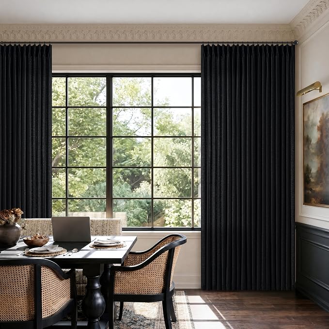 96 Inch Black Pleated Curtains 2 Panels Set Memory Trained Semi Sheer Privacy High Window Back Tab Curtains for Living Dining Room 96 Inches Long Modern Decorative Pinch Pleat Burlap Drapes 8 FT