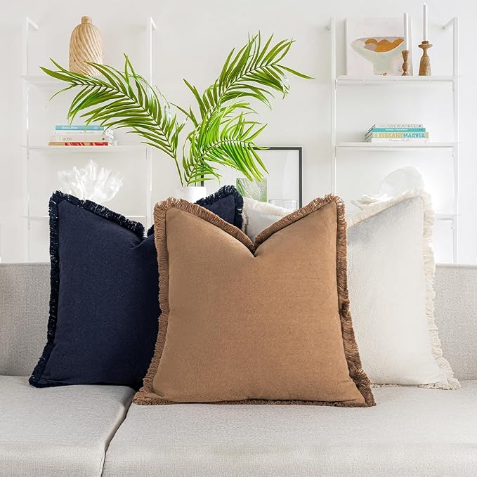 ZWJD Pillow Covers 20x20 Set of 2 Camel Throw Pillow Covers with Fringe Chic Cotton Decorative Pillows Square Cushion Covers for Sofa Couch Bed Living Room Farmhouse Boho Decor