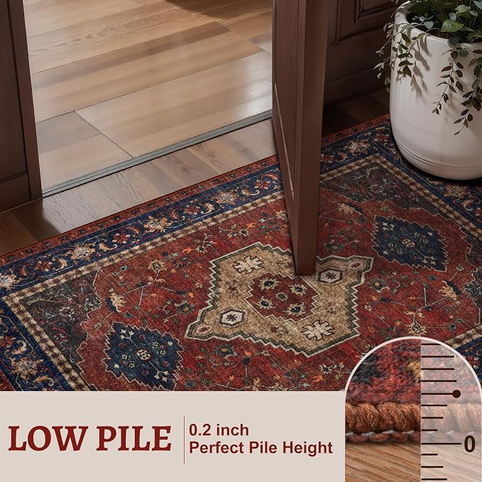 Tangsoo Red 2.6X10 Washable Hallway Runner Rug, Non Slip Vintage 10ft Runner Rugs for Hallways, Soft Low Pile Long Rug Runner, Print Carpet Runners for Kitchen Bedroom Entryway Living Room Red Beige