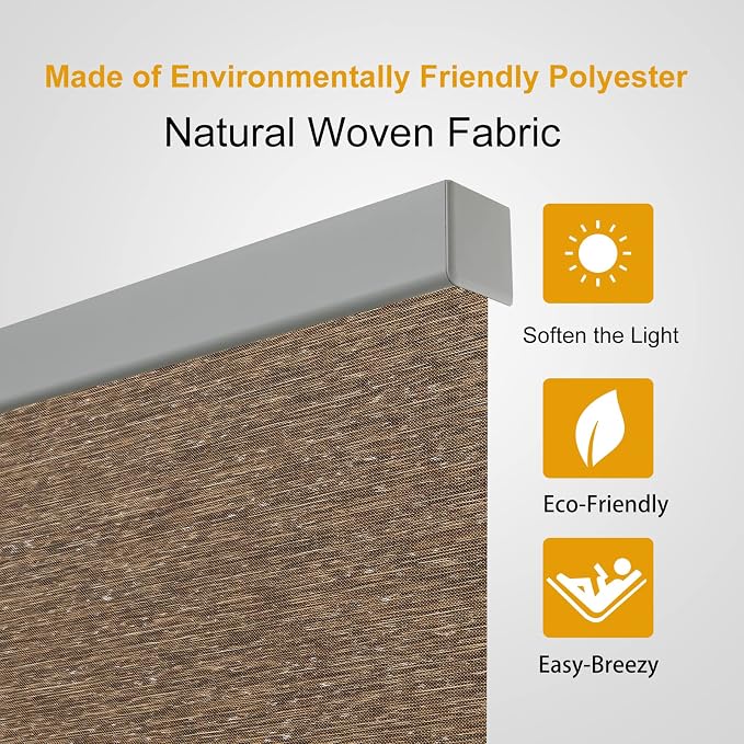 Persilux Free-Stop Cordless Window Shades Light Filtering Roller Shades for Windows (Brown 25" W x 72" H) Natural Woven UV Protection Privacy Roller Blinds for Windows, Home, Kitchen, Office, Door