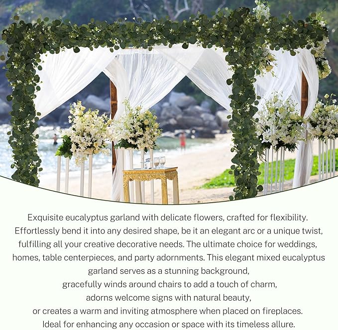 YIJXPOIN Eucalyptus Garland, 8 Packs 6FT Green Flower Garland Decor, Artificial Faux Eucalyptus Leaves Greenery Vines for Table Runner Wedding Bedroom Mantle Centerpieces Backdrop Decorations