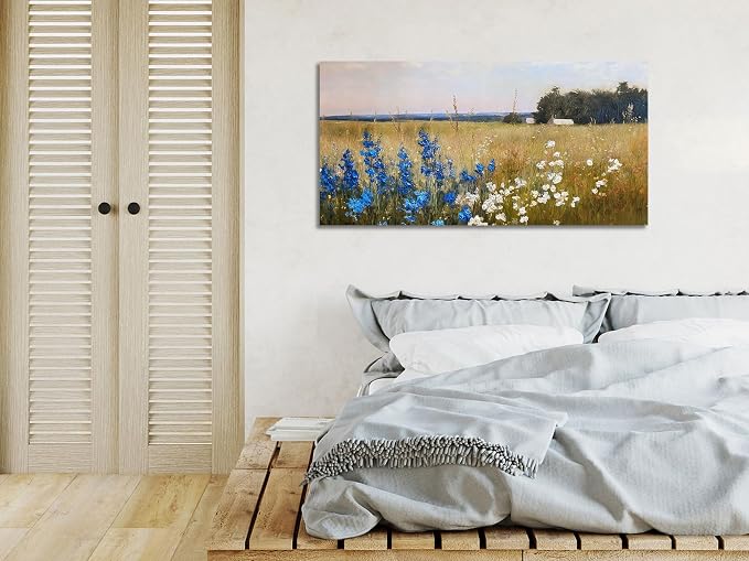 Ardemy Textured Vintage Countryside Canvas Wall Art - 40"x20" Large Framed Flower Field Painting, Serene Blue & White Wildflower Landscape Artwork for Living Room Bedroom Home Office Dining Room Decor