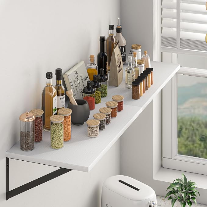 Heimlove White Deep Floating Shelves for Wall, 40W x 12D Wood Wall Shelves Set of 2, Wide Floating Bookshelf for Living Room, Kitchen, Office, Bedroom and Decor Storage, with Black Bracket - White