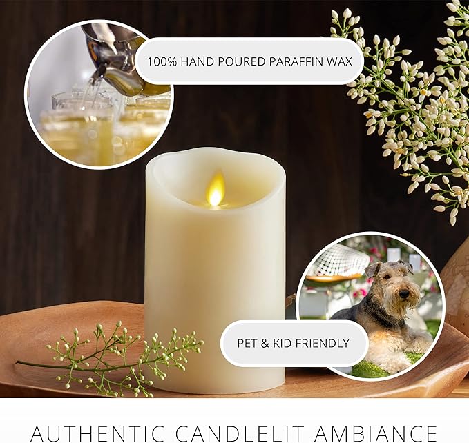 Luminara Scalloped Edge Flameless LED Candle - Ivory 3.5" x 5" - Real Wax Pillar Battery Operated Moving Flame w/Timer Unscented 1000Hr Runtime