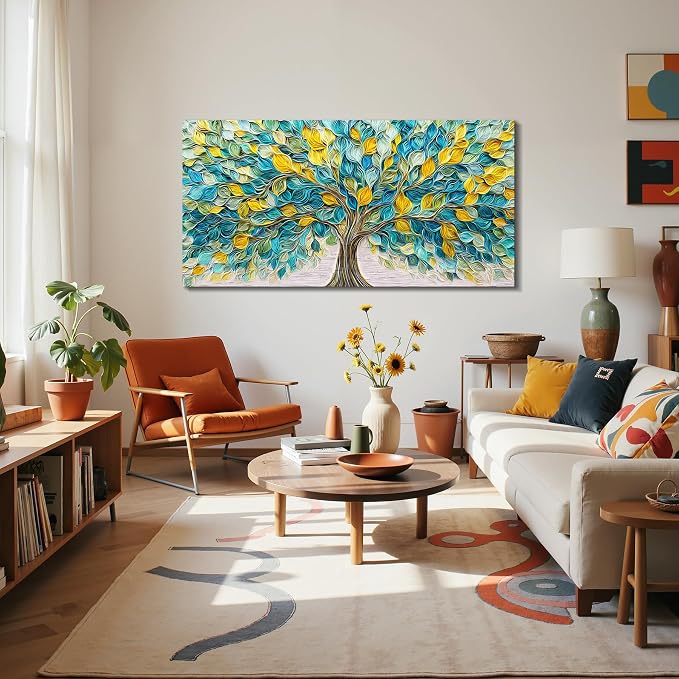 imjiayu Tree of Life Wall Art, Large Wall Decor, Nature Wall Art, Modern Abstract Botanical Prints, Blue Green Tree Big Picture, Leaf Paintings Wall Decor Living Room Bedroom Hallway Office 24"x48"