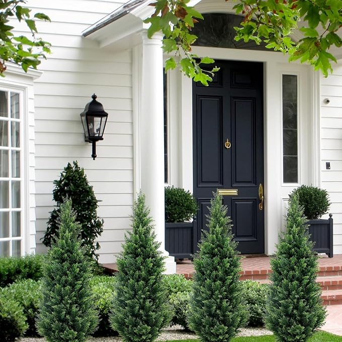 4Ft Artificial Cedar Topiary Trees (4-Pack) - UV Resistant Fake Shrubs with Ground Spike for Outdoor & Indoor Use, Front Porch, Garden Decor