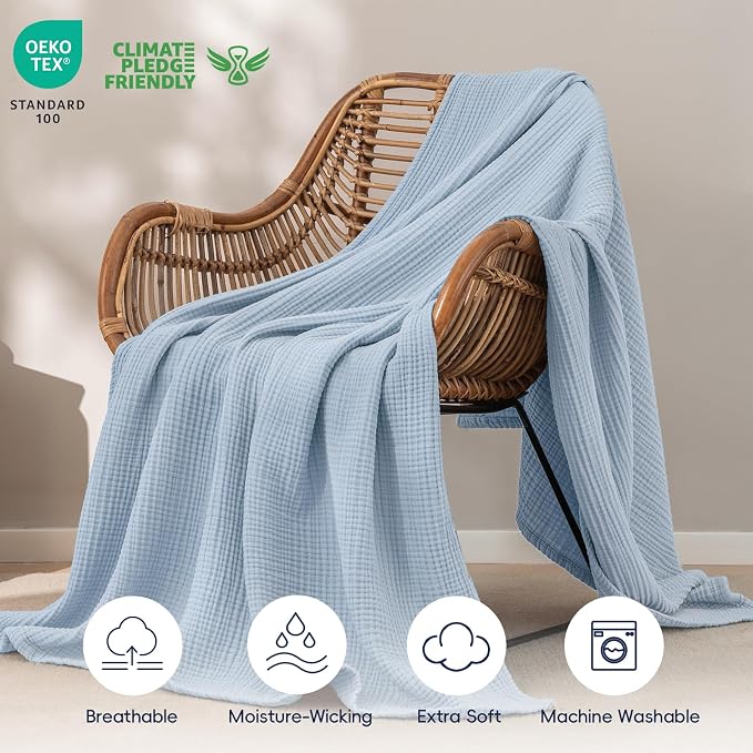 PHF 100% Cotton Muslin Blanket Twin XL Size 66"x90", 4-Layer Lightweight Gauze Throw, Breathable Cloud-Soft Minimalist Blanket for Bed, Couch, Camping & Baby, Ancient Water, Ideal Gift