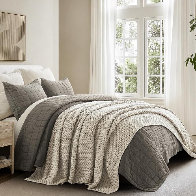 EVERGRACEHOME Chunky Polyester Knit Throw Blanket for Couch, Soft Luxurious Oversized King Moss Stitch Blanket for Bed, Large Cozy Farmhouse Knitted Throw for Sofa, Warm Gray, 108" x 92"
